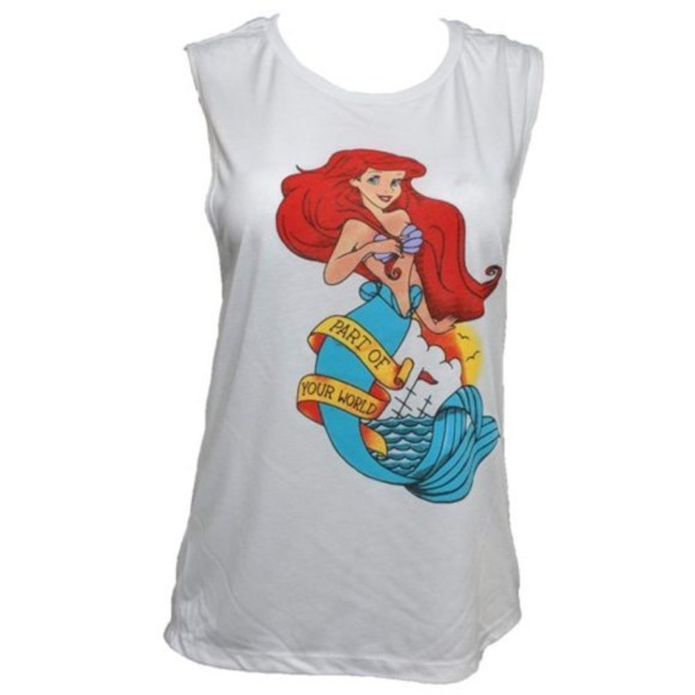 Disney Women's Juniors Little Mermaid Tank‎ Top Graphic Sleeveless White Shirt